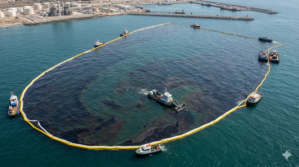 Oil absorbent boom deployed in a marine oil spill response operation