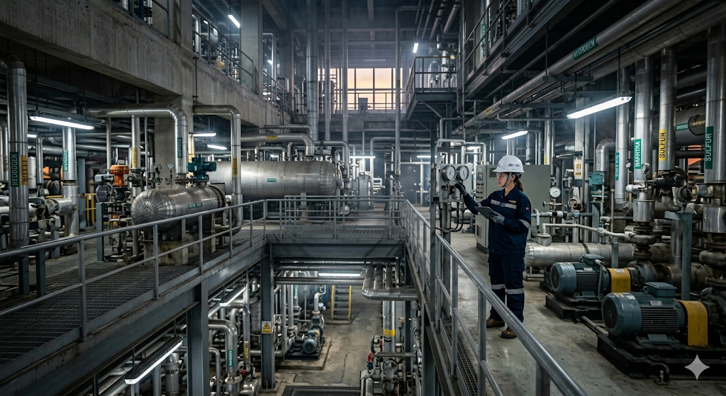 Engineers inspecting equipment inside a chemical processing plant