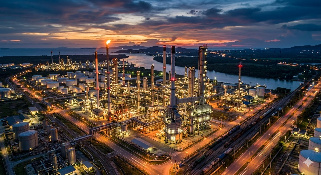 Aerial view of an oil refinery at dusk